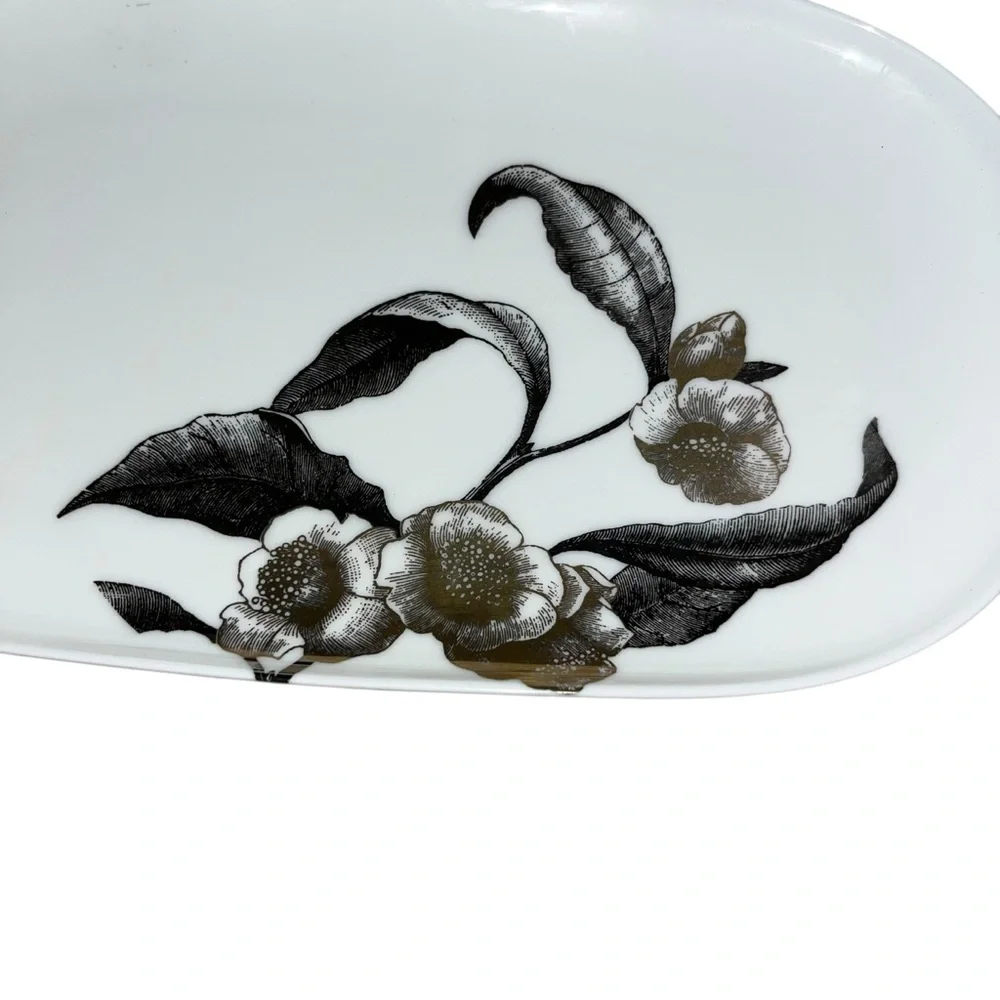 Caskata dogwood China platter 12” oval made in usa white black 23k gold paint